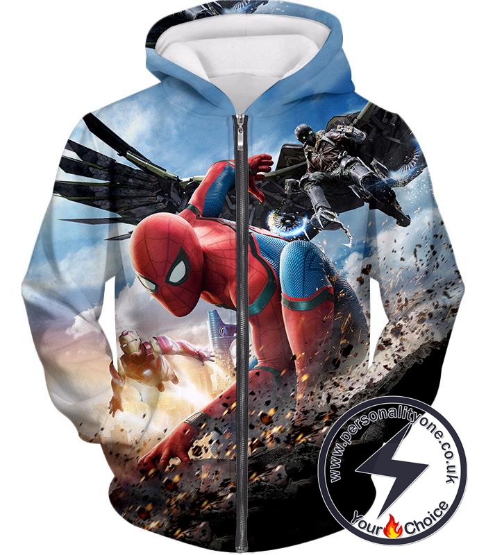 Marvels Spiderman Homecoming Featuring Iron Man and Vulture Zip Up Hoodie